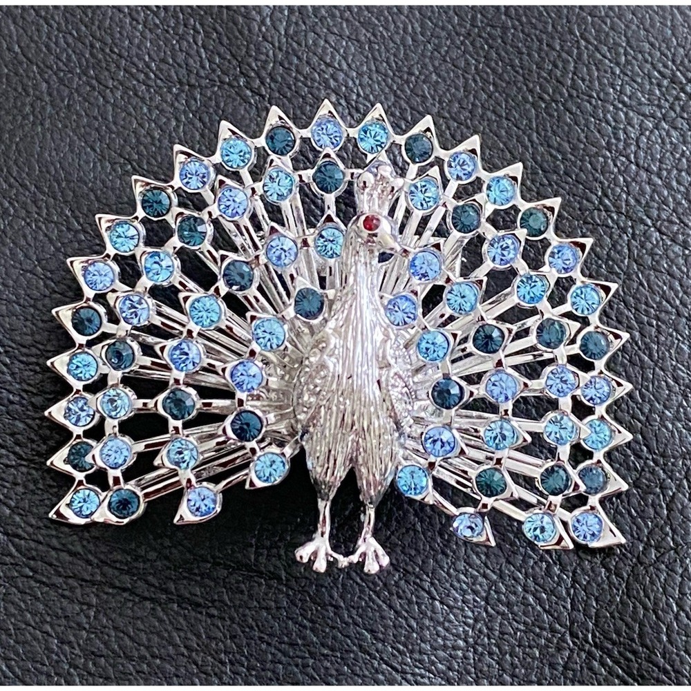 Vintage Silver Tone Light Blue & Dark Blue Rhinestone Peacock Brooch Bird Lovers
